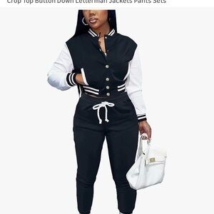 Black & White Cropped Letterman Jacket Jogger Set
